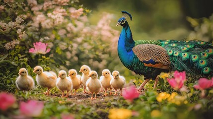 Canvas Print -   A mother peacock with her baby chicks amidst a field of vibrant pink and yellow flowers