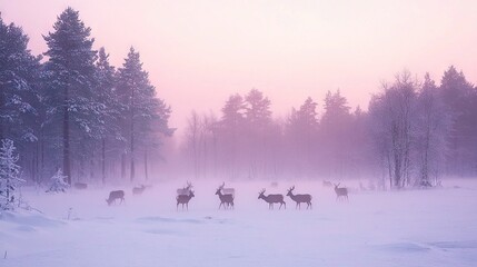 Sticker -   A group of deer standing in a snow-covered forest during a foggy day