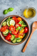 Fresh tomato and cucumber salad with basil and olive oil on a textured gray surface