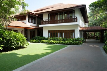 A modern villa features large windows and spacious terraces enhanced by wooden accents, nestled in lush greenery against the stunning backdrop of Hanoi's landscape