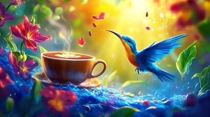 Wall Mural - Hummingbird and Coffee Cup in a Floral Fantasy