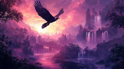 Canvas Print -   A bird flies over a waterfall with a waterfall in the background and one in the foreground in a painting