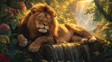 Canvas Print -  A lion lounges on a rock amidst a lush jungle landscape, featuring a mesmerizing waterfall in the background and a vibrant fish swimming upfront