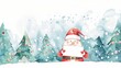 © Jafree - Watercolor illustration of Santa Claus holding a blank sign in a snowy landscape. Concept of Christmas holiday, winter, festive season. Greeting card, postcard, mockup, invitation, letter. Copy space
