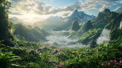 Wall Mural -   The sun illuminates the mountains through cloudy skies, featuring blooming flowers in the foreground and towering peaks in the background