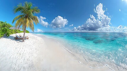 Sticker -   A palm tree on a sandy beach near water with clouds above