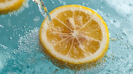 Canvas Print -   Close-up of a lemon slice on blue background with water droplets