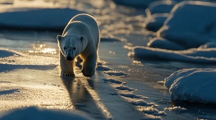 Sticker -   A polar bear walks on ice, with flakes on the water and ground