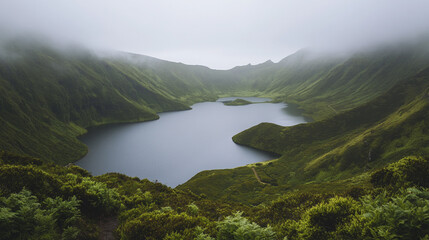 Lush green mountains surrounding a tranquil lake under a misty sky in the Azores region