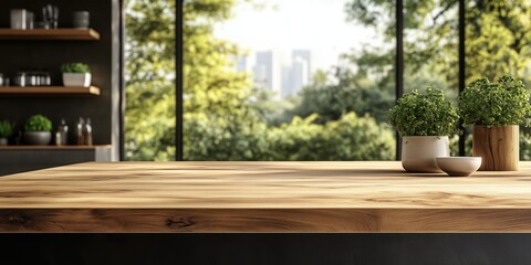 Light wooden tabletop counter in a fresh kitchen with green plants and large windows showcasing a natural view