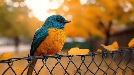 Poster -   A vibrant bird perched on a metallic fence near a verdant tree adorned with golden leaves