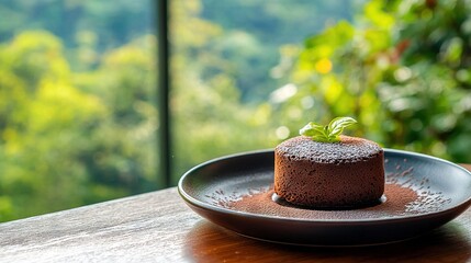 Poster -   A chocolate cake on a plate on a table with a forest view through the window