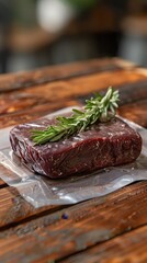 vacuum-sealed venison chop on rustic wooden table garnished with fresh herbs