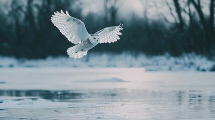 Sticker -   A snowy owl soars above a winter lake surrounded by dense forest trees