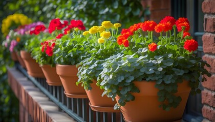 Poster - Terracotta Pots Adorned with Vibrant Balcony Flowers and Ample Copy Space