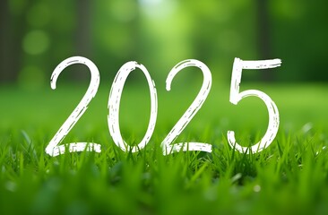 Big white handwriting thin letters 2025 on the background of green juicy grass. New Year 2025. Ecology concept.