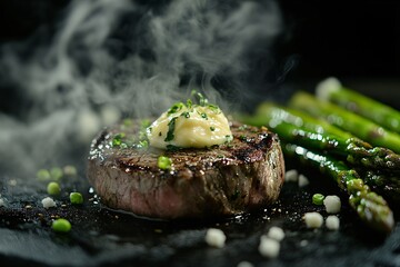 Close-up of a juicy steak with melted butter and green asparagus.