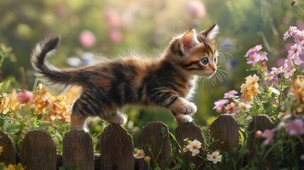 Canvas Print -   A kitten perched on a wooden fence adjacent to a garden brimming with vibrant pink and yellow wildflowers