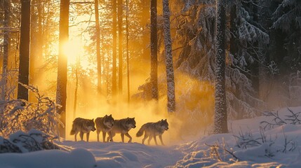 Sticker -   A pack of wolves dashing through the snowy woods during sunset with sunlight filtering through the trees