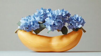 Poster -   A yellow vase brimming with blue blossoms rests atop a white table against a gray backdrop