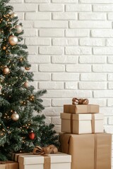 Wall Mural - Gifts beautifully arranged near a decorated Christmas tree in a cozy living room setting