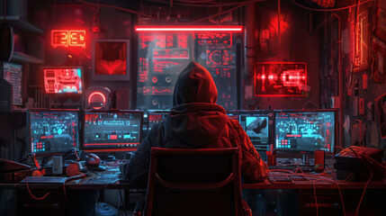 Person in hoodie at a desk with multiple screens, illuminated by red neon lights Generative AI