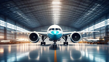 Wall Mural - Striking blue and silver jet engine showcased in a vibrant hangar filled with an array of aircraft, capturing the essence of aviation innovation and design.