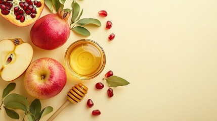 Poster -   An apple, honey, and pomegranate are artfully placed on a white background with accompanying foliage and a honey dip