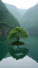 Aufkleber - A single tree thrives on an island in the calm waters of a lake, reflecting the surrounding cliffs and greenery. The soft light enhances the peaceful atmosphere of this serene location