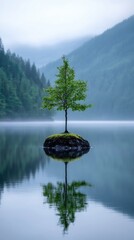 Fototapete - A single tree thrives on an island in the calm waters of a lake, reflecting the surrounding cliffs and greenery. The soft light enhances the peaceful atmosphere of this serene location