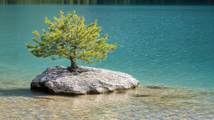 Fototapete - A single tree thrives on an island in the calm waters of a lake, reflecting the surrounding cliffs and greenery. The soft light enhances the peaceful atmosphere of this serene location
