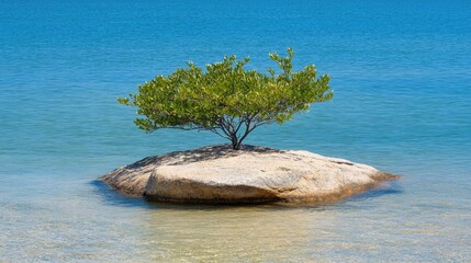 Aufkleber - A single tree thrives on an island in the calm waters of a lake, reflecting the surrounding cliffs and greenery. The soft light enhances the peaceful atmosphere of this serene location