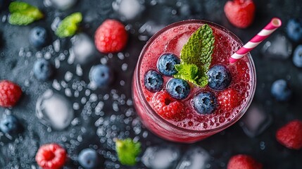 Poster -   A refreshing smoothie featuring raspberries, blueberries, and mint, served on a black table with chilling ice cubes