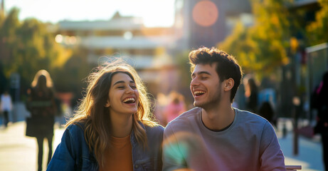 Young Couple Laughing Together Outdoors in Warm Sunlight