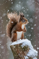 Adorable red squirrel in the park in a snowy winter day. High quality photo