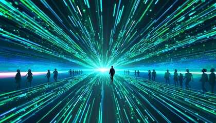 Wall Mural - Mysterious futuristic hallway illuminated by neon lights, featuring a man walking alongside a group of dark-clad individuals