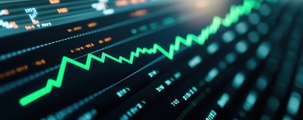 Wall Mural - dynamic stock market graph showcasing upward trends with vibrant green lines over black digital back