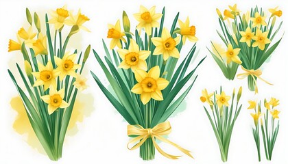 Create an elegant yellow daffodil bouquet illustration featuring natural and festive elements.