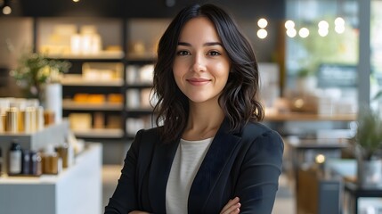 onfident female business owner smiling inside a modern retail store with shelves in the background