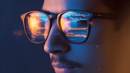 Man Wearing Glasses Reflecting Computer Code  Hacker  Technology Concept  Futuristic  Cybe