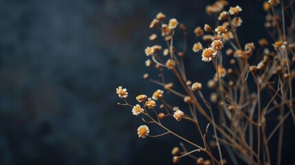 Sticker -   A macro of a verdant foliage with diminutive white blooms gracing its stalk and a murky ambiance surrounding it