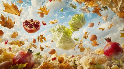 Sticker -   A picturesque scene of floating produce under the warm rays of the sun, accompanied by drifting leaves and eggs