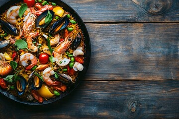 Delicious paella with seafood, vegetables, and rice in a black pan on a wooden background.