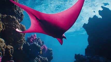 Sticker -   A manta ray gracefully glides above vibrant coral in azure ocean depths