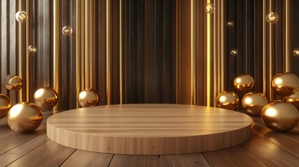 Wall Mural - golden stage with ball shapes. luxry empty display with golden balls