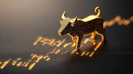Wall Mural - golden bull figurine symbolizing a bullish market trend on a sleek financial background, representin