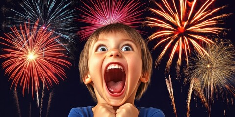 Wall Mural - a young girl with her mouth open and fireworks in the background