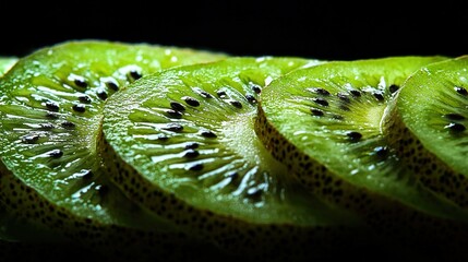 Sticker -   A detailed image of a cut kiwi on a black backdrop with droplets of water