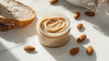 Wall Mural -   A jar of peanut butter sits atop a table beside a slice of bread and a handful of almonds