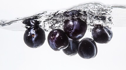 Sticker -   A cluster of plums bobbing in water on a white background with a droplet of water splashing on top